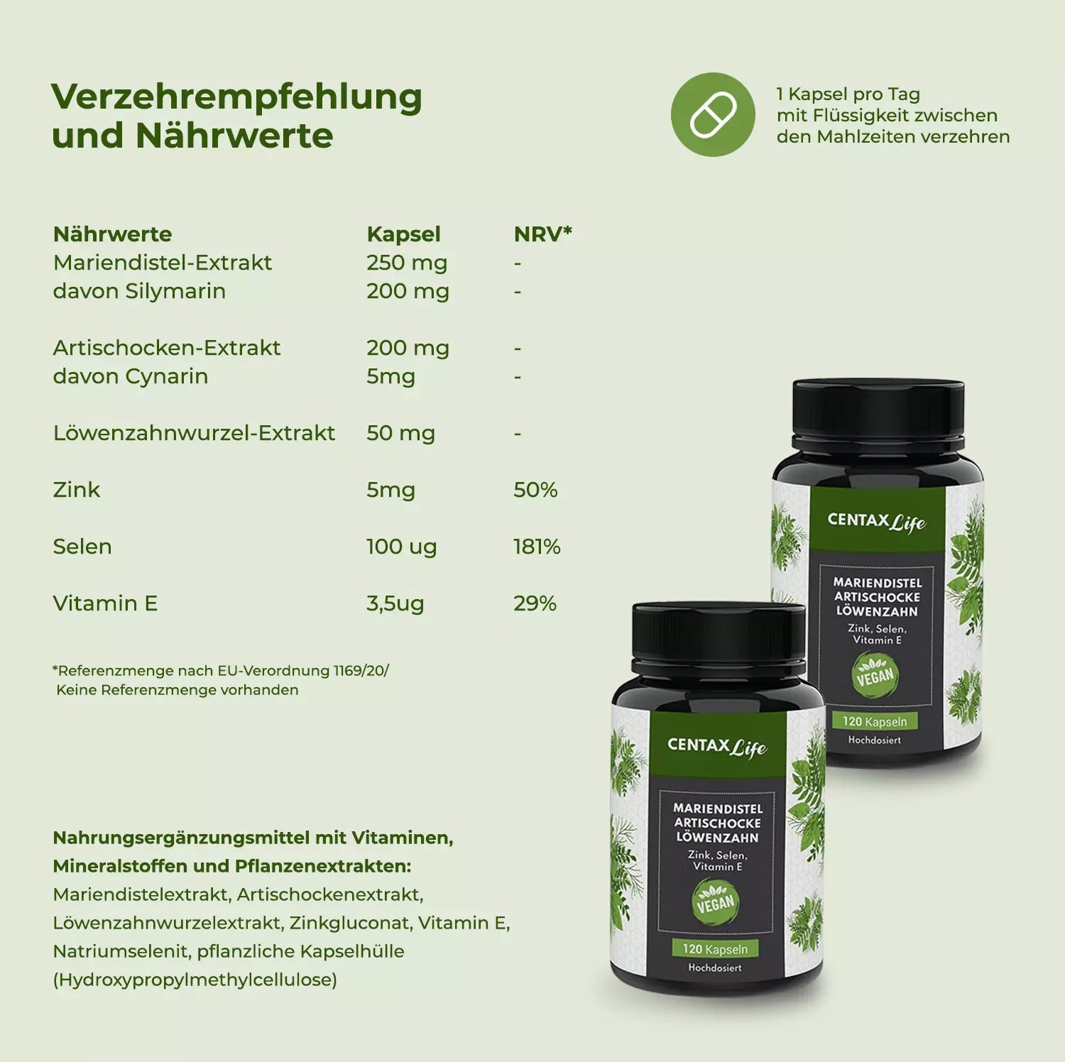 Mariendistel, Artischoke, Löwenzahn Komplex - Zink, Selen, Vitamin E (120 Vegan Kapseln) - Centax Life